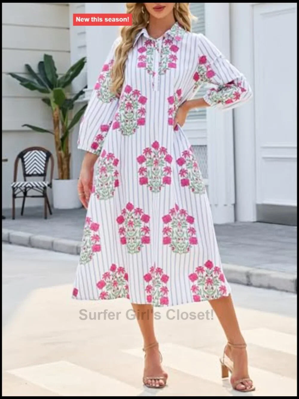 Women's Floral Midi Shirt Dress Casual Button Down A-Line 3/4 Puff Sleeve